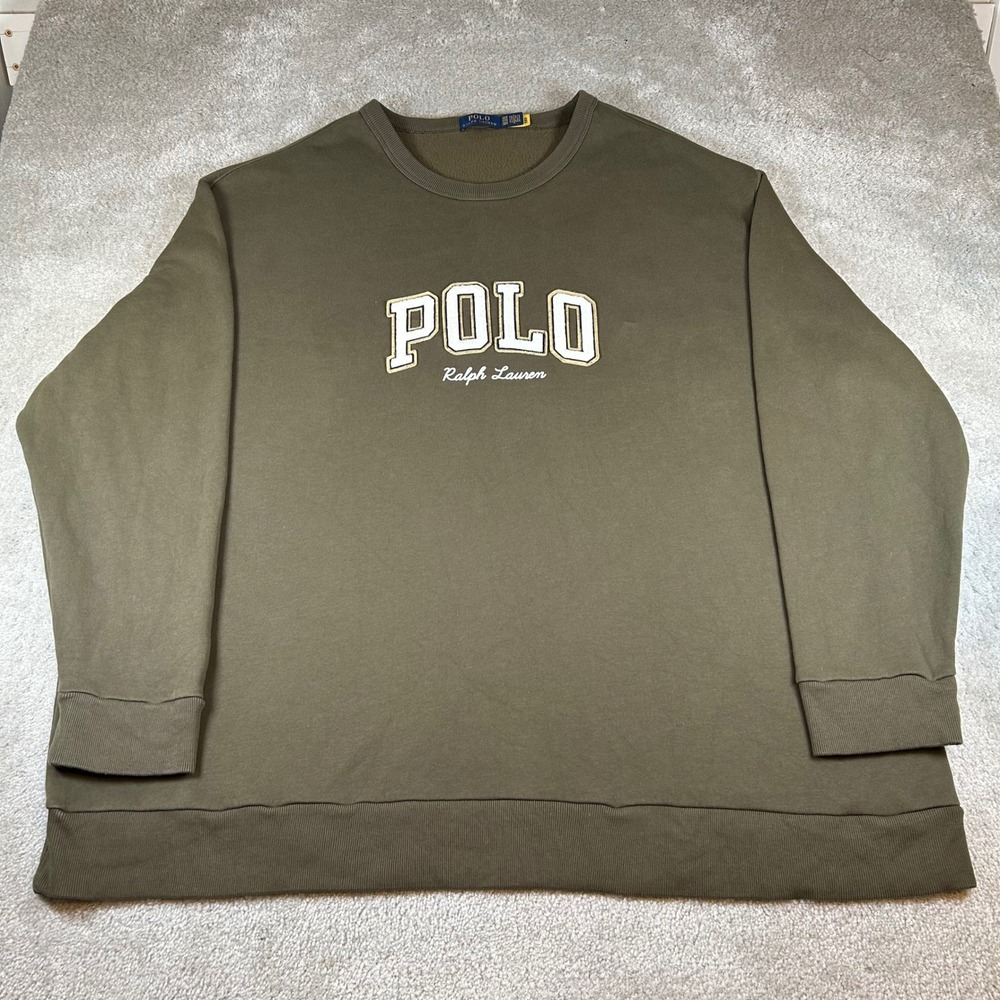 Polo Ralph Lauren Sweatshirt Mens 5XB Olive Green Chenille Logo Fleece Pullover
